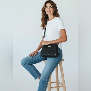 Nine West Jaya Black Faux Pebbled Leather Crossbody Bag With Animal Print Lining